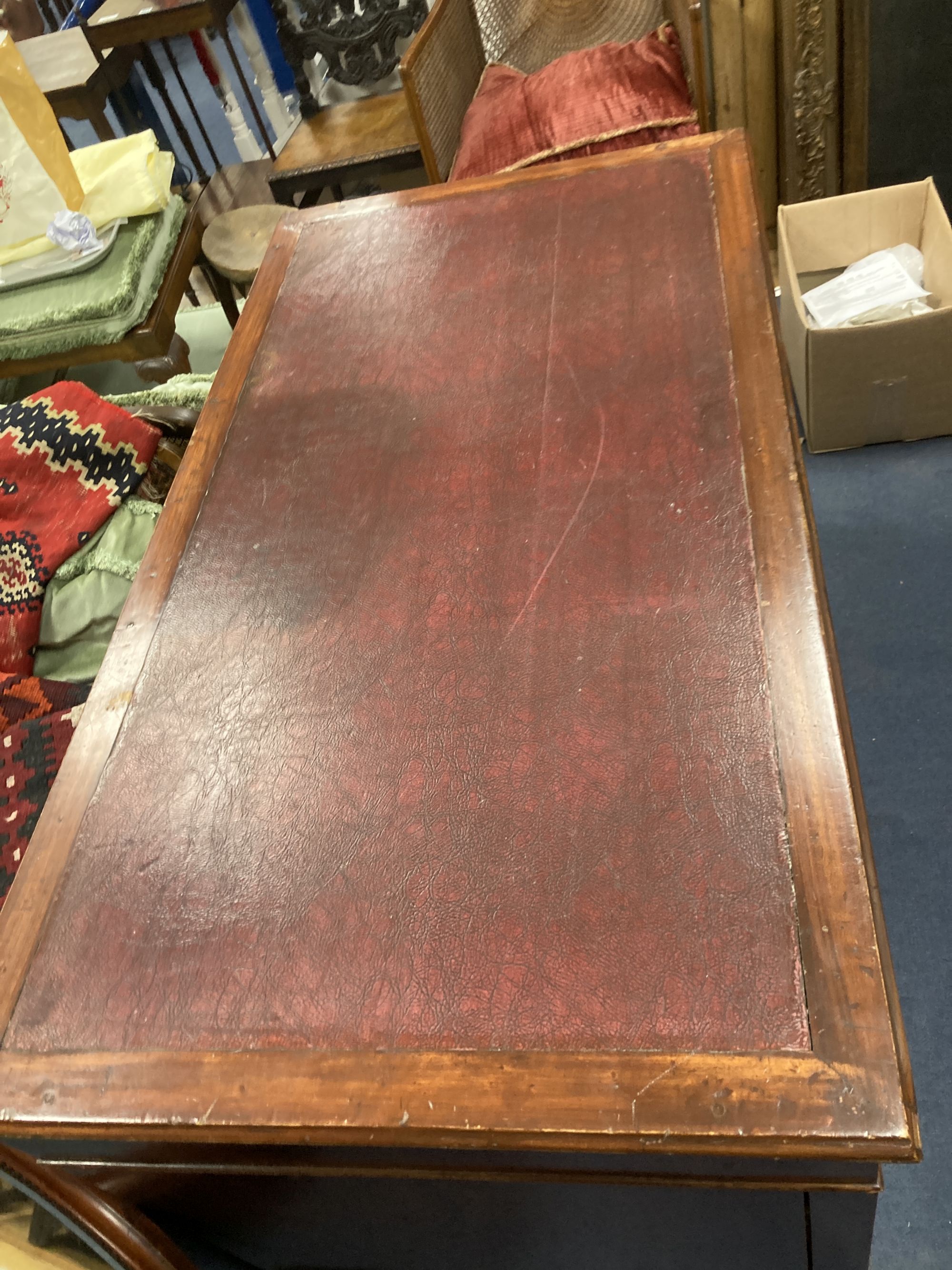 A 19th century and later military style mahogany military pedestal desk, width 140cm, depth 76cm, height 82cm